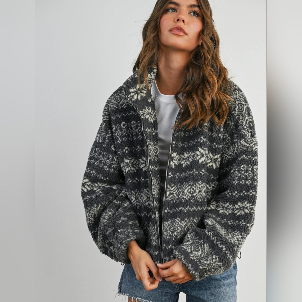 Butter Melon Sherpa Full Lined Black & Gray Women's Teddy Bomber Jacket Boutique